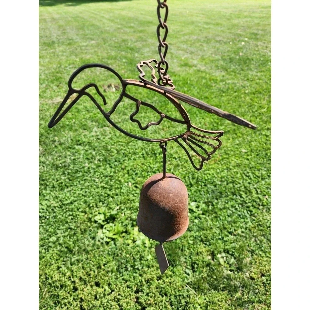 Vintage Cast Iron Hummingbird Wind Chime Primitive Rustic Metal Bell Bird